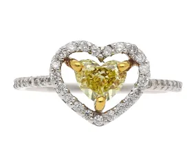 0.77 Carat Floating Fancy Yellow Heart Diamond & Diamond Halo Engagement Ring