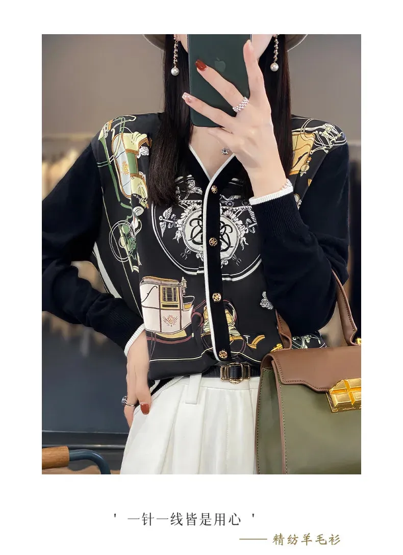 2023 Spring Summer New Cardigan Women's Coat Top Longsleeved Loose V-Neck Printed Stitching Sweater Fine Imitation Wool Cardigan