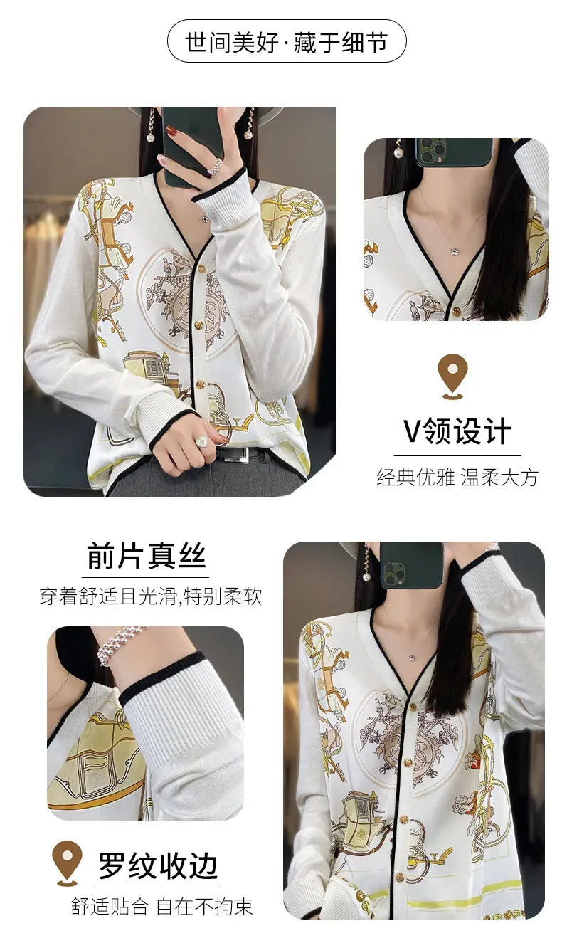 2023 Spring Summer New Cardigan Women's Coat Top Longsleeved Loose V-Neck Printed Stitching Sweater Fine Imitation Wool Cardigan