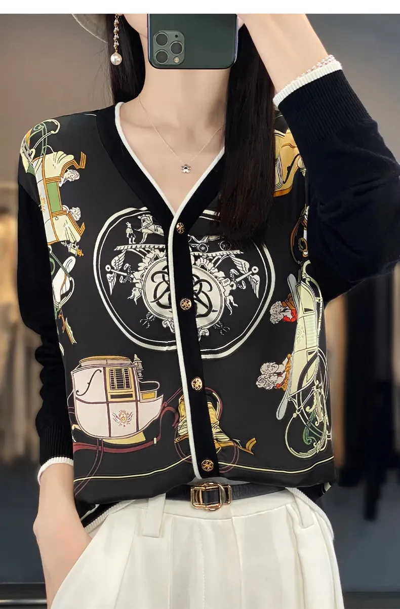 2023 Spring Summer New Cardigan Women's Coat Top Longsleeved Loose V-Neck Printed Stitching Sweater Fine Imitation Wool Cardigan