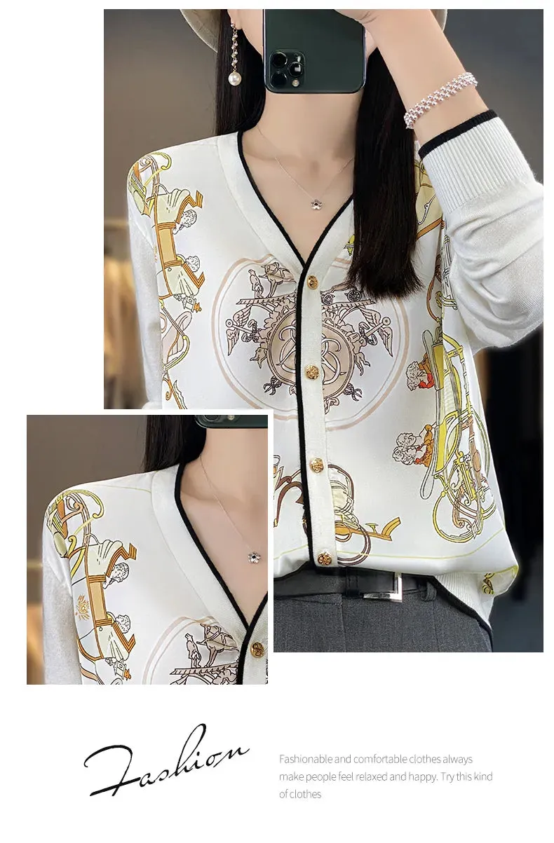 2023 Spring Summer New Cardigan Women's Coat Top Longsleeved Loose V-Neck Printed Stitching Sweater Fine Imitation Wool Cardigan