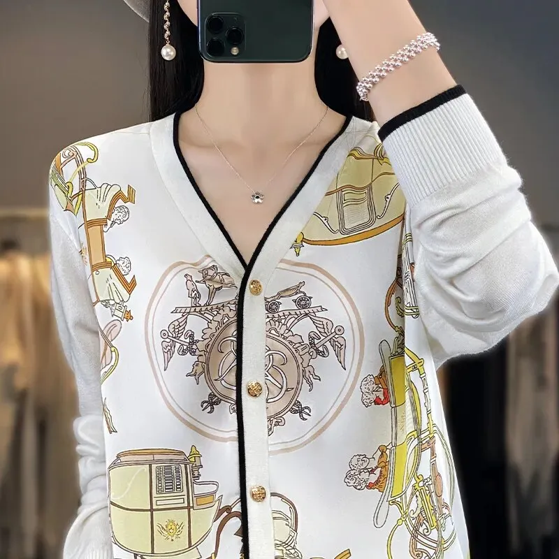 2023 Spring Summer New Cardigan Women's Coat Top Longsleeved Loose V-Neck Printed Stitching Sweater Fine Imitation Wool Cardigan