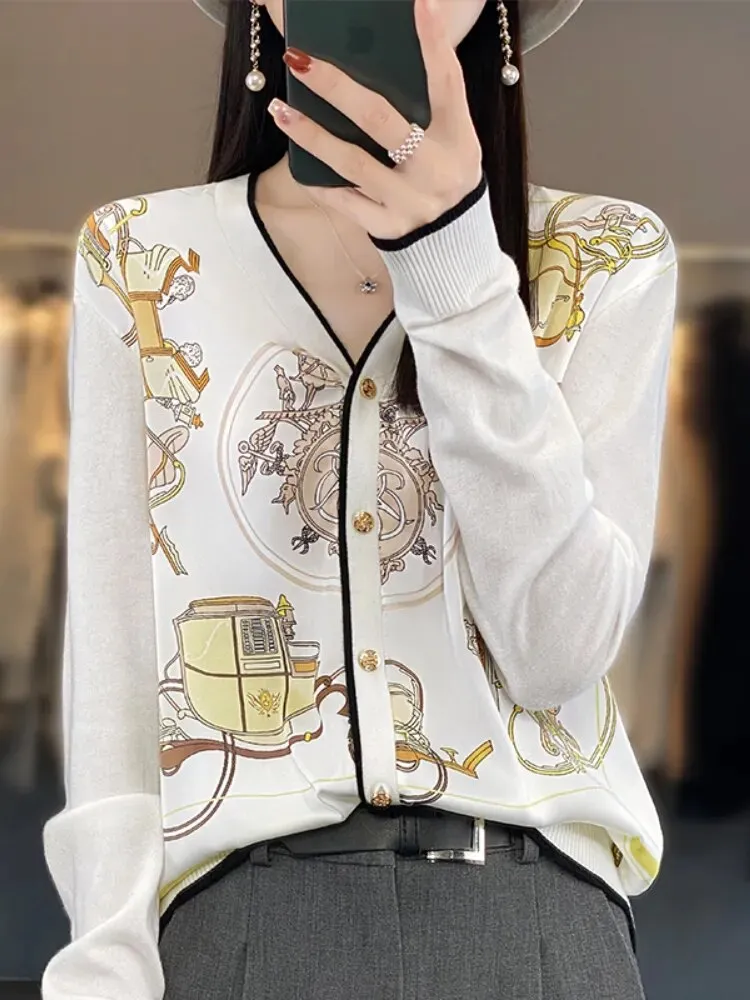 2023 Spring Summer New Cardigan Women's Coat Top Longsleeved Loose V-Neck Printed Stitching Sweater Fine Imitation Wool Cardigan