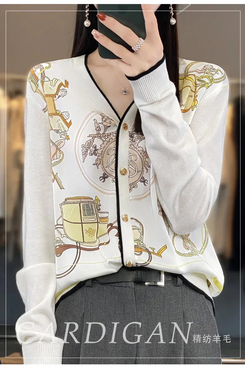 2023 Spring Summer New Cardigan Women's Coat Top Longsleeved Loose V-Neck Printed Stitching Sweater Fine Imitation Wool Cardigan