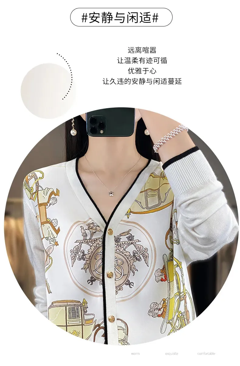 2023 Spring Summer New Cardigan Women's Coat Top Longsleeved Loose V-Neck Printed Stitching Sweater Fine Imitation Wool Cardigan