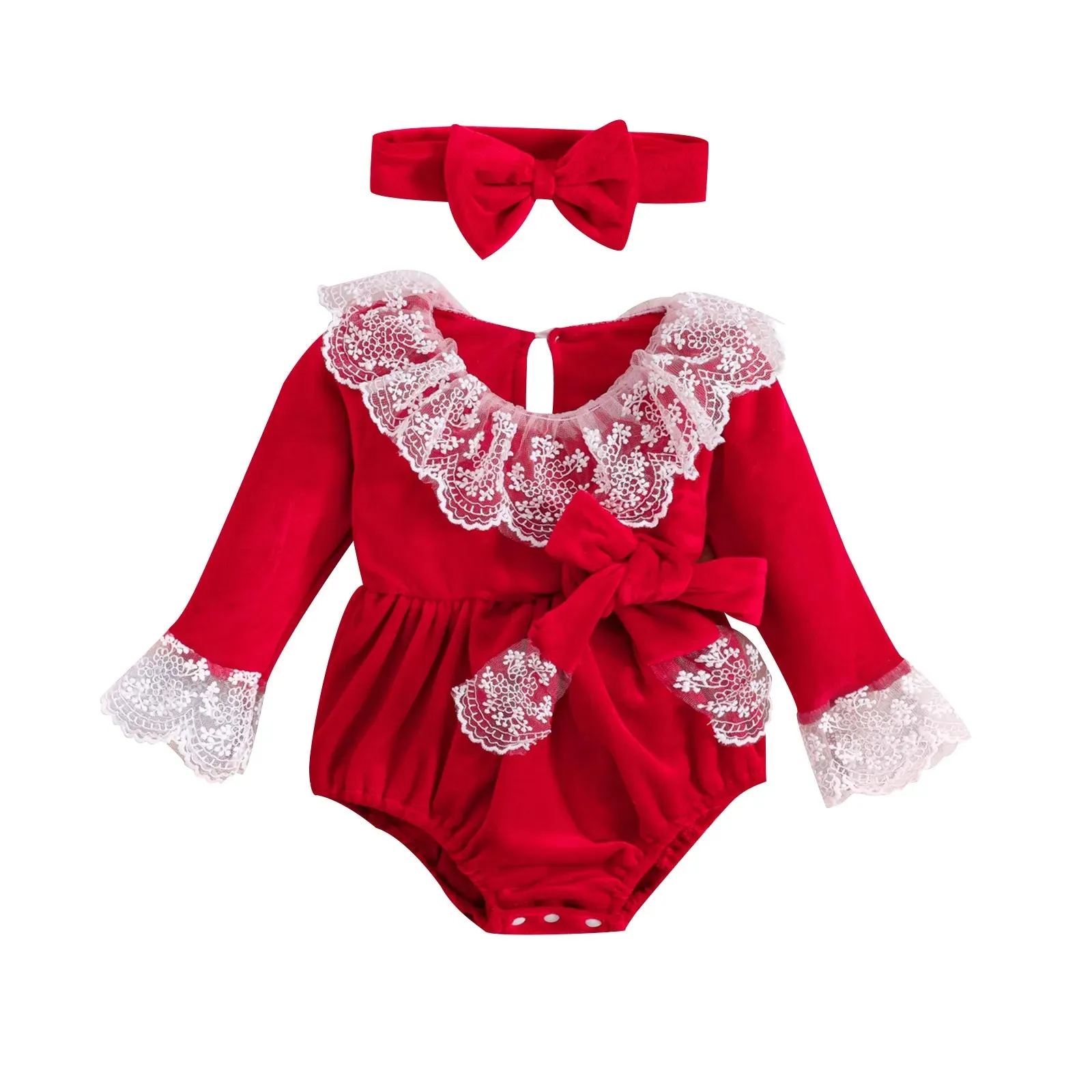 baby 3-24M Christmas Outfit, Baby Girls Romper Long Sleeve Lace Bow Velvet Jumpsuit