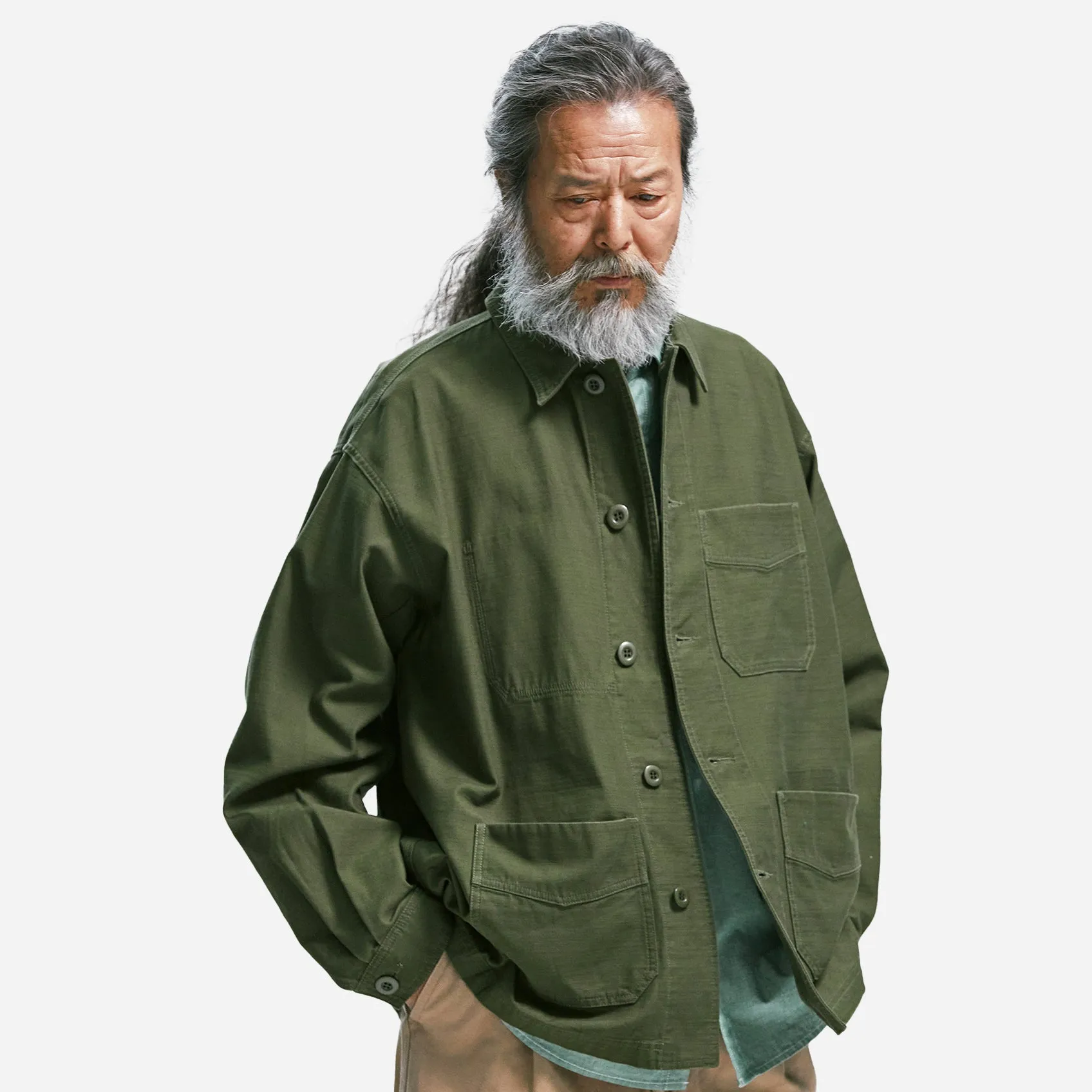 BACK SATIN FRENCH WORK JACKET - OLIVE