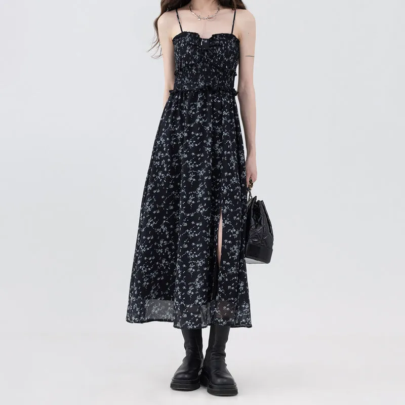 BerryBetty - Black Floral Print Tiered Bustier Midi Dress