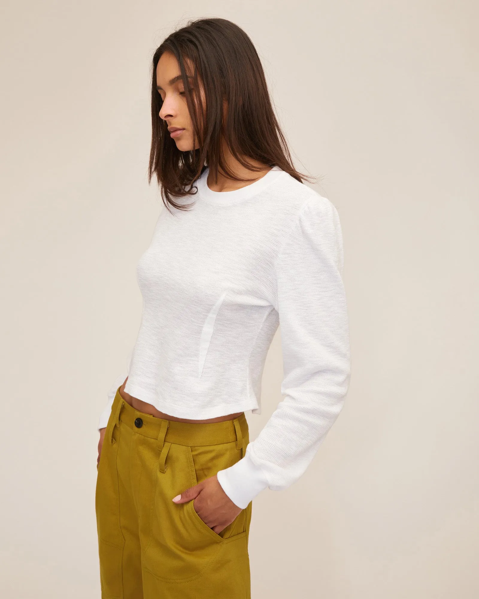 Blair Waffle Knit Puff Sleeve Pullover in White