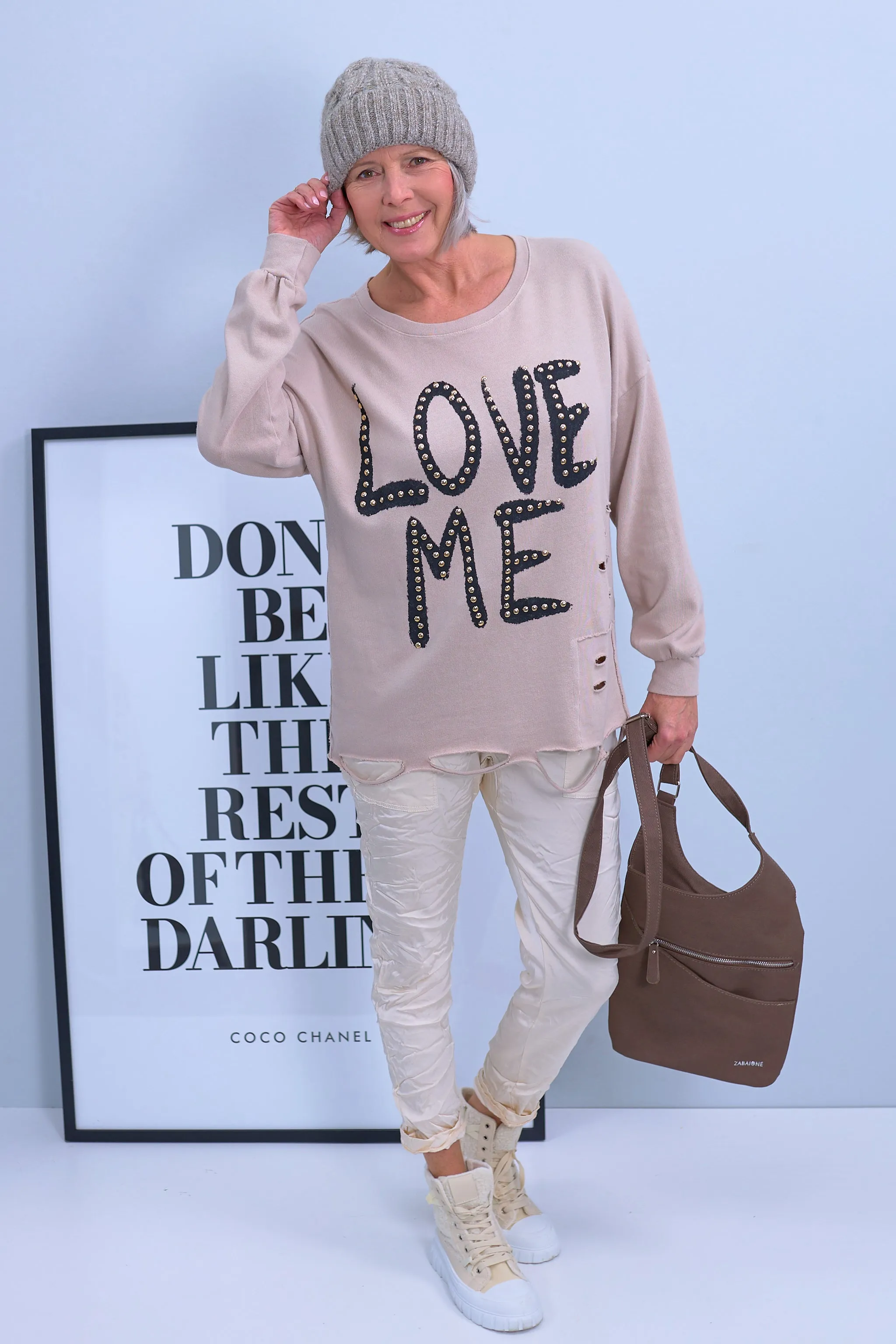 Shirt mit Cut-Out-Stellen, Print und Nieten, taupe