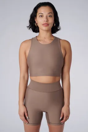 Tula High Neck Racer Back Crop Top | Recycled Nylon | Sand