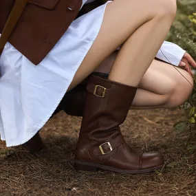 Women's Leather Mid Calf Boots Western Cowboy Boots Retro Riding Boots in Brown/Black